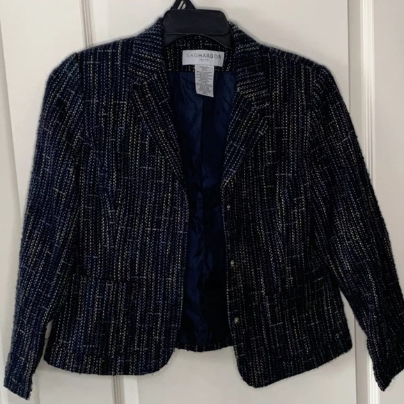 Sag Harbor Jackets & Blazers - Sag Harbor Petite Womens Size 8P Blue Rainbow Speckled Snap Blazer Jacket